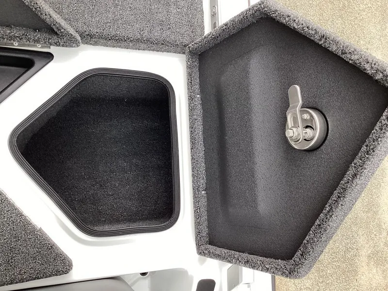 Slide: The Image of Bass Cat Cougar FTD SP 2026 storage compartment with carpet and latch. - 29
