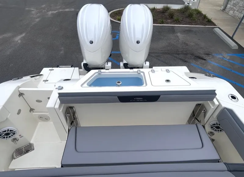 Slide: The Image of 2026 Cobia 245CC with dual outboard motors and seating area. - 17