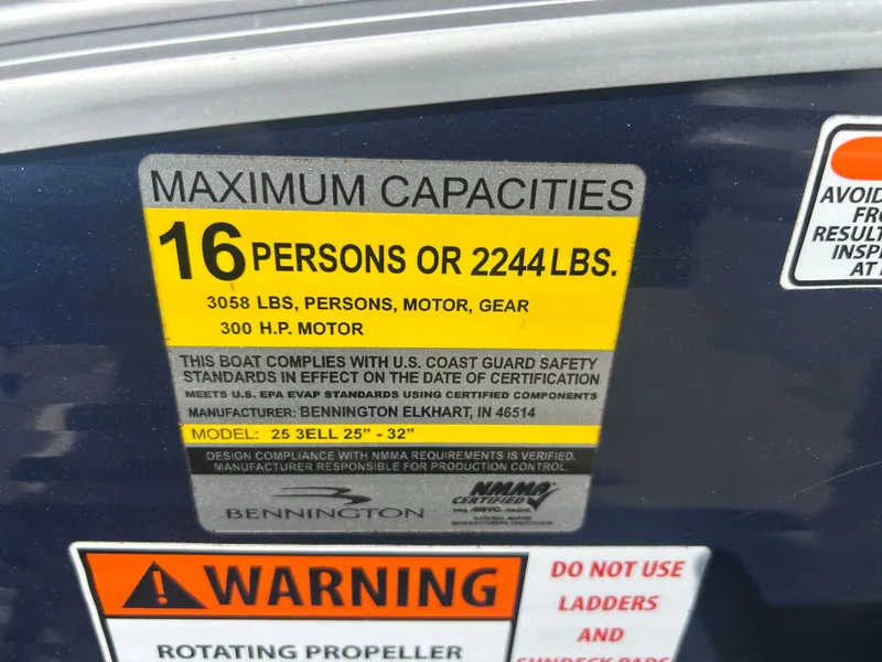 Slide: The Image of Bennington R2550 boat capacity label, 16 persons, 3058 lbs, 300 HP motor. - 15