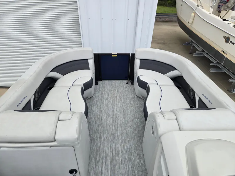 Slide: The Image of Interior of a 2021 Barletta 23U CORSA boat with gray seating. - 9