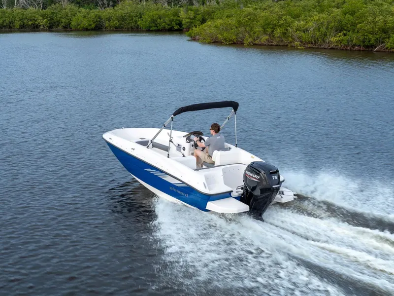 Slide: The Image of Bayliner Element E16 2026 cruising on a calm river. - 10