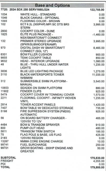 Slide: The Image of Price list for Sea Ray SDX 250 boat 2024 with options. - 26