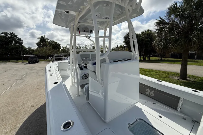 Slide: The Image of 2026 Yellowfin 26 Hybrid boat with sleek white design and spacious deck. - 20