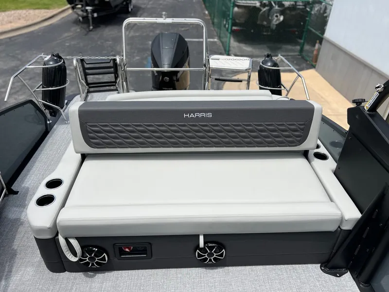 Slide: The Image of Harris Sunliner 250 2026, luxurious boat seating with speakers. - 24