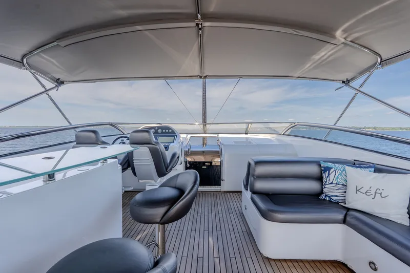 Slide: The Image of Luxurious 2004 Sunseeker 105 Yacht deck with seating and helm, under a canopy. - 20