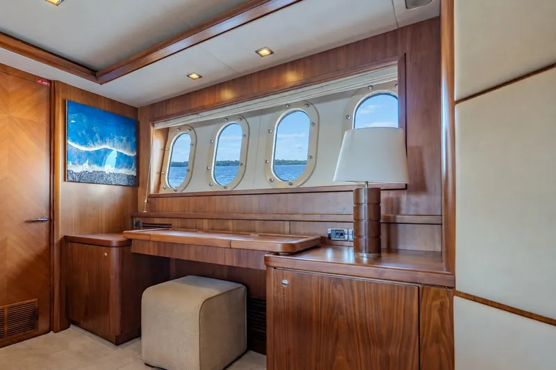 Slide: The Image of Luxurious interior of 2004 Sunseeker 105 Yacht with wooden desk and ocean view. - 68