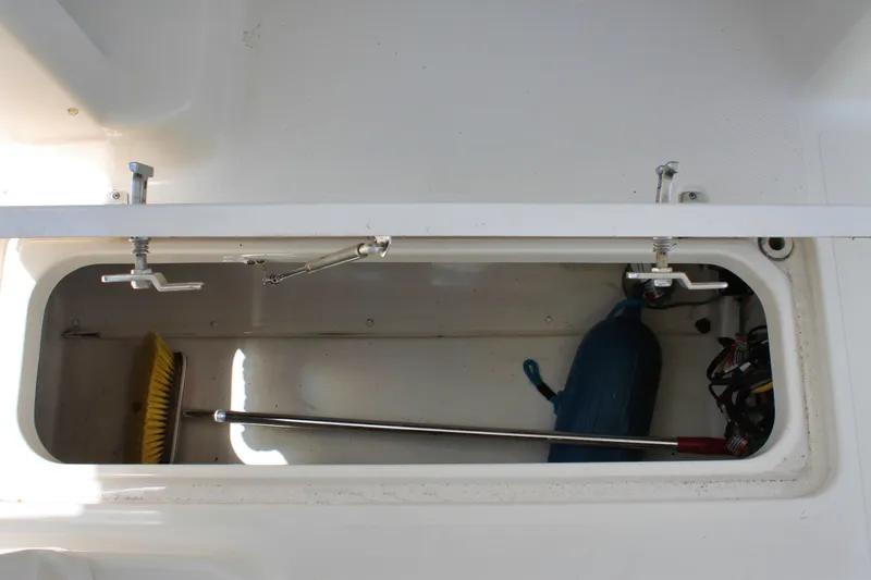 Slide: The Image of Storage compartment of 2018 Pursuit DC 265 Dual Console boat with cleaning tools. - 12