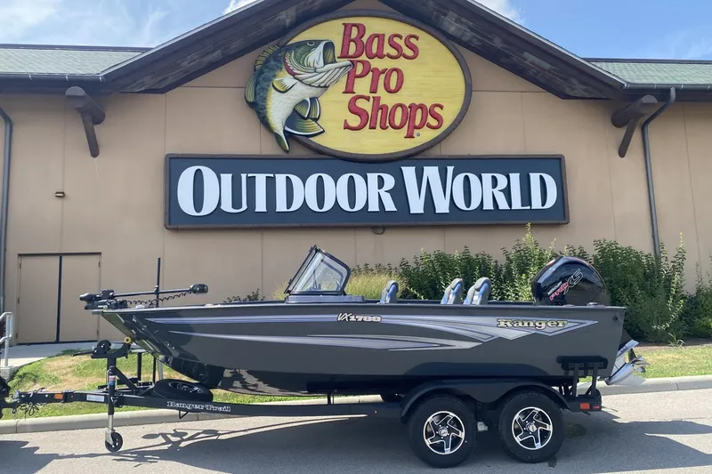 The Image of 2026 Ranger VX1788 WT boat displayed outside Bass Pro Shops Outdoor World. - 0