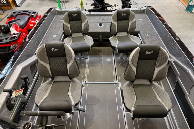 Slide: The Image of 2026 Ranger 621FS Cup-Equipped boat interior with four cushioned seats and modern design. - 9