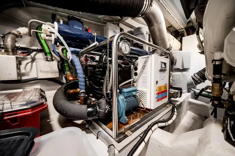 Slide: The Image of Engine room of 2024 Galeon 500 Fly yacht, showcasing mechanical components and systems. - 54