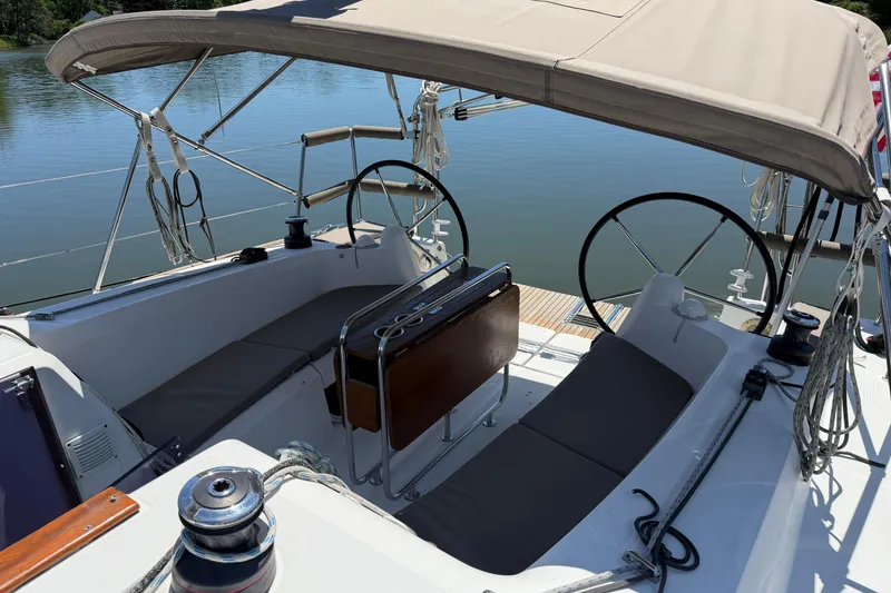 Slide: The Image of Cockpit of 2015 Jeanneau Sun Odyssey 349 sailboat with dual steering wheels and canopy. - 14
