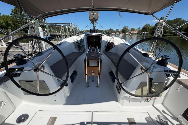 Slide: The Image of Cockpit of 2015 Jeanneau Sun Odyssey 349 sailboat with dual steering wheels. - 16