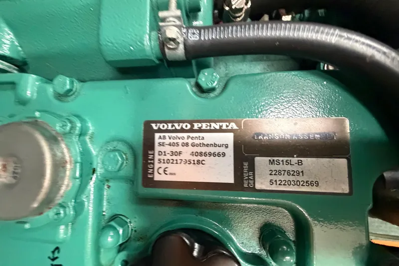 Slide: The Image of Volvo Penta engine label on a 1982 Sabre 34, showing model and serial numbers. - 34