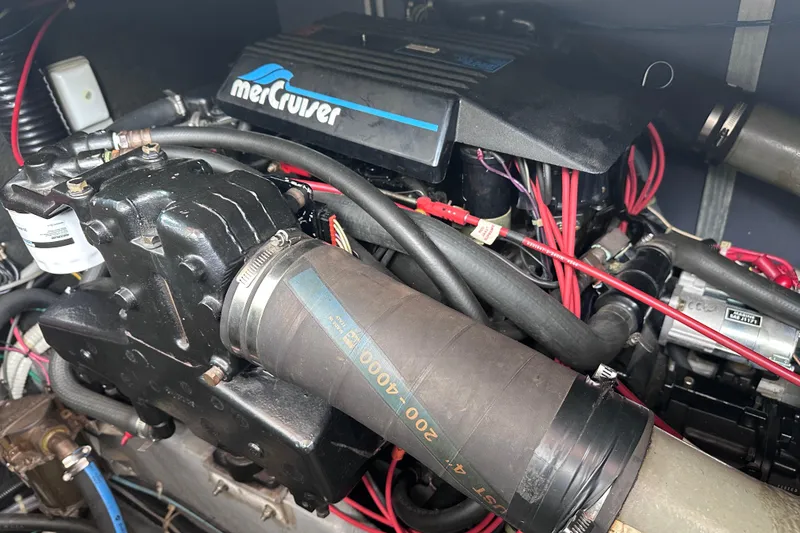 Slide: The Image of Engine compartment of a 1989 Sea Ray 390 Express Cruiser with MerCruiser components. - 45