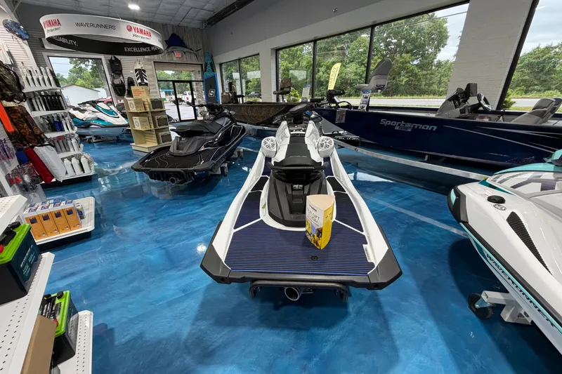 Slide: The Image of 2026 Yamaha WaveRunner VX Deluxe displayed in a showroom with blue flooring. - 5