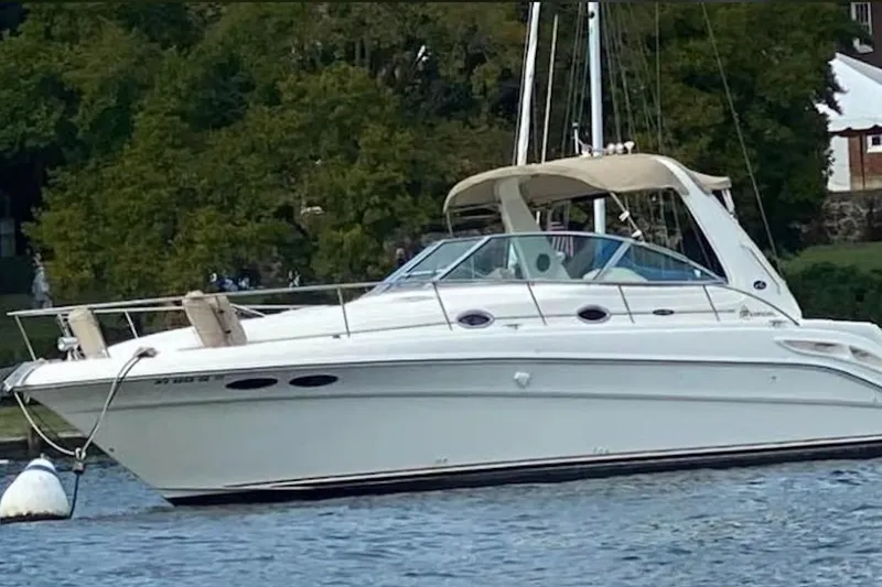 The Image of 2001 Sea Ray 340 Sundancer boat on water, surrounded by lush greenery. - 0