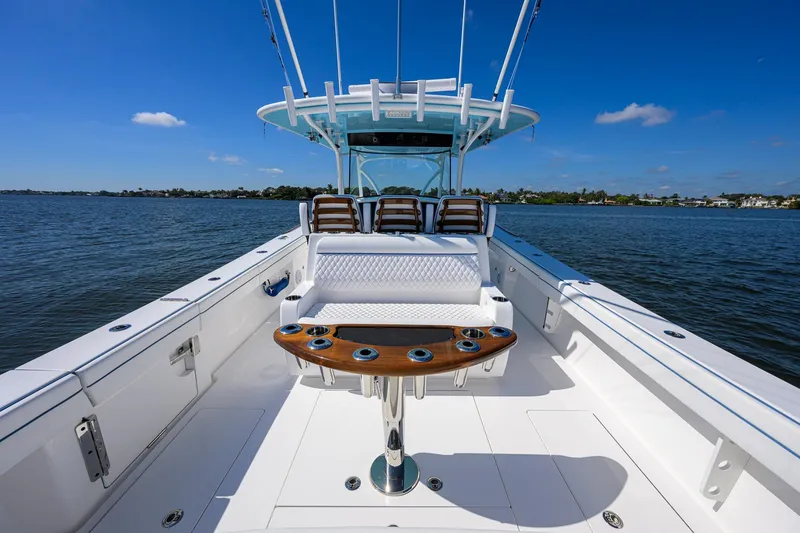 Slide: The Image of 2025 Valhalla Boatworks V-41 on water, featuring spacious deck and seating. - 26