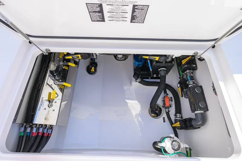 Slide: The Image of 2025 Valhalla Boatworks V-41 engine compartment with detailed mechanical components and wiring. - 34