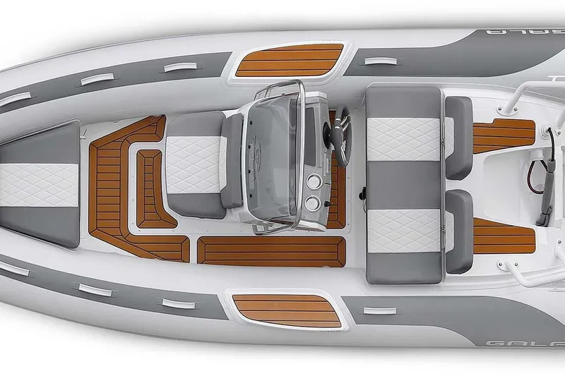 Slide: The Image of Top view of 2027 Gala V330 boat with sleek design and cushioned seating. - 12