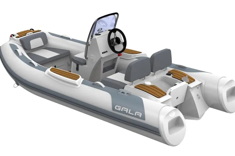 Slide: The Image of 2027 Gala V330 inflatable boat with seating, steering console, and wooden accents. - 3