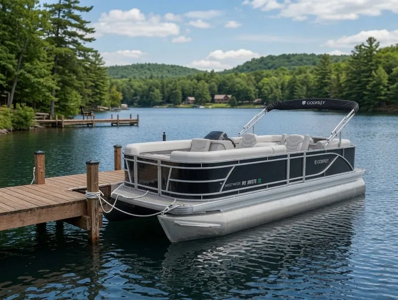 The Image of A 2024 Godfrey Sweetwater pontoon boat docked at a wooden pier on a tranquil lake. - 0