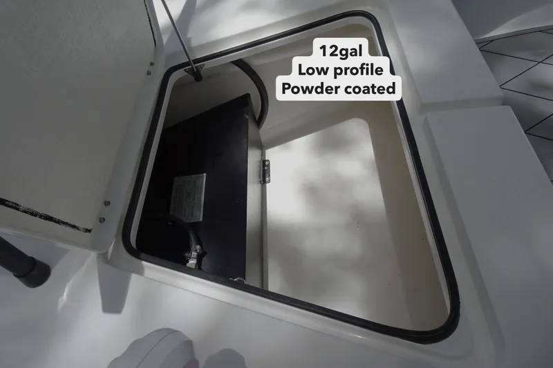 Slide: The Image of 2024 Xplor X18 Delta D18 boat compartment with 12-gallon low profile, powder-coated tank. - 17