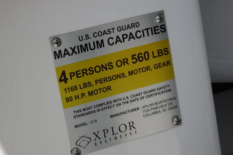 Slide: The Image of Xplor X18 Delta D18 2024 boat capacity label: 4 persons, 560 lbs, 90 HP motor. - 23