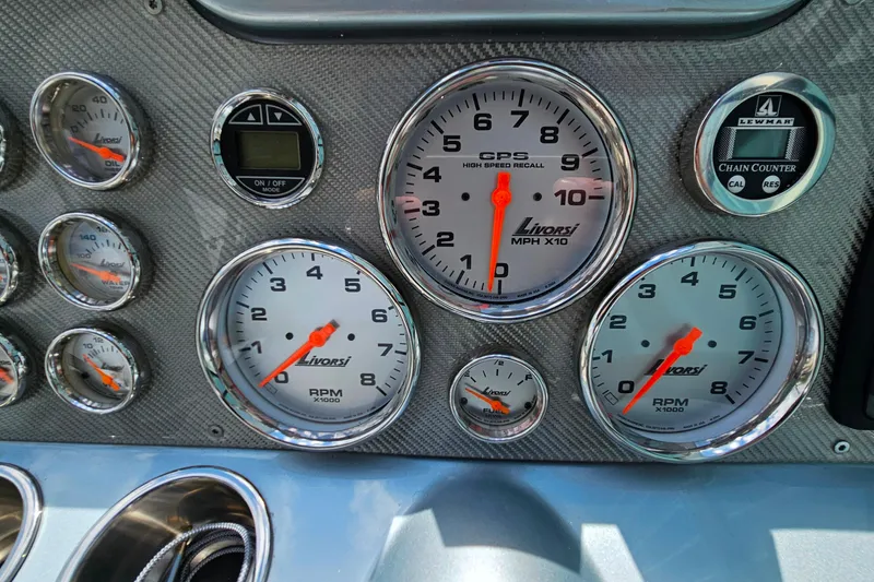 Slide: The Image of Dashboard of a 2013 Formula 310 FX5 boat with Livorsi gauges and chain counter. - 19