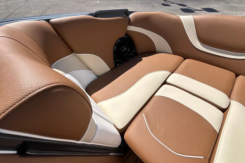 Slide: The Image of Luxurious brown and white leather seating in 2026 MB B52 23 Alpha boat interior. - 51