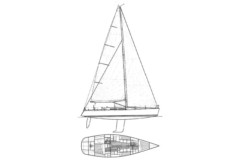 Slide: The Image of Line drawing of a 1995 Nelson Marek 46 sailboat with interior layout. - 21