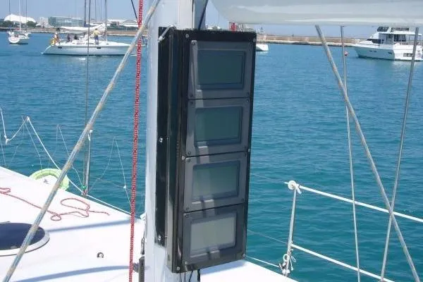 Slide: The Image of Sailing yacht Nelson Marek 46, 1995 model, with digital displays on mast in marina. - 22