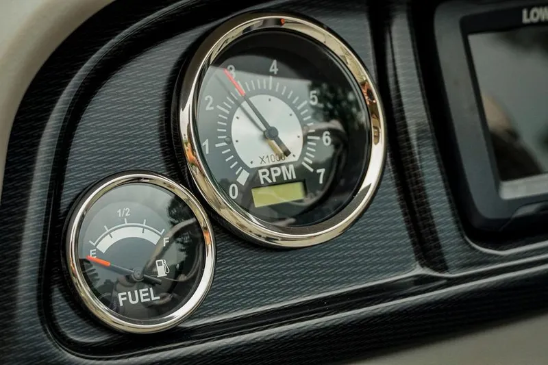 Slide: The Image of Dashboard gauges of 2026 Trifecta LE 22RF showing RPM and fuel levels. - 29