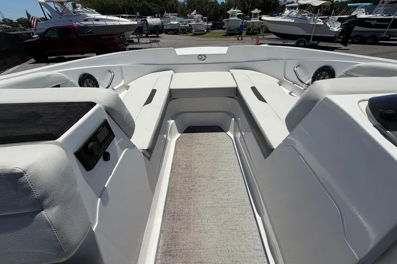 Slide: The Image of 2022 Hurricane SunDeck Sport 185 OB interior with white seating and modern design. - 31