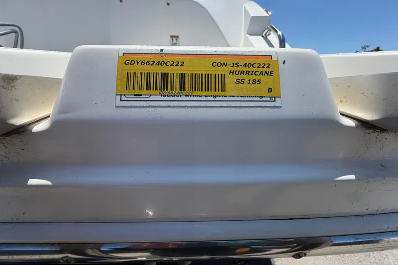 Slide: The Image of 2022 Hurricane SunDeck Sport 185 OB boat with identification label and barcode. - 59