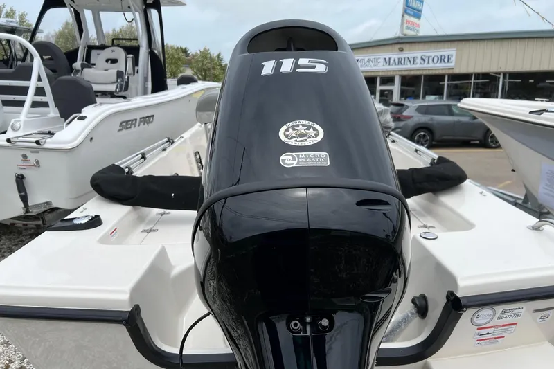 Slide: The Image of 2026 Carolina Skiff 21 LS boat with 115 horsepower engine at a marine store. - 18