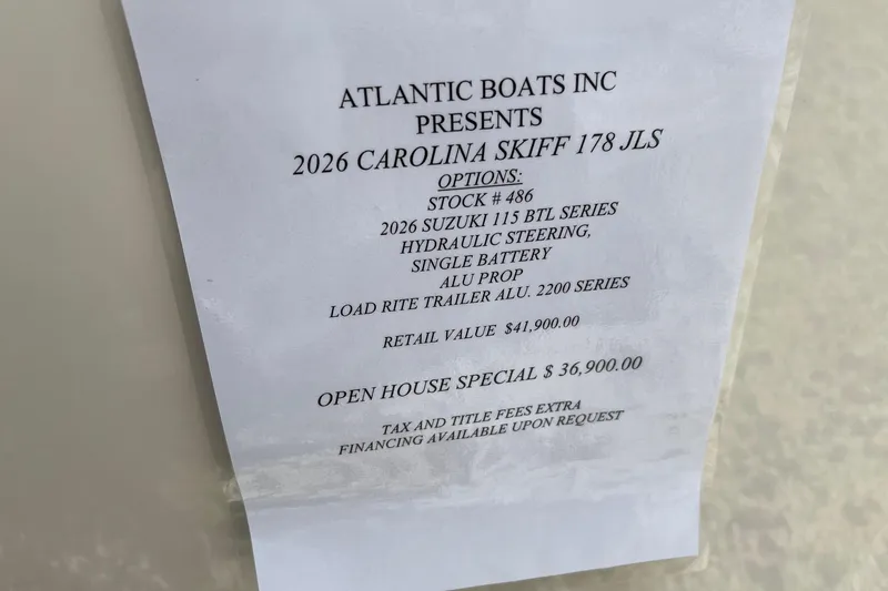 Slide: The Image of Atlantic Boats Inc flyer for 2026 Carolina Skiff 178 JLS with pricing details. - 29