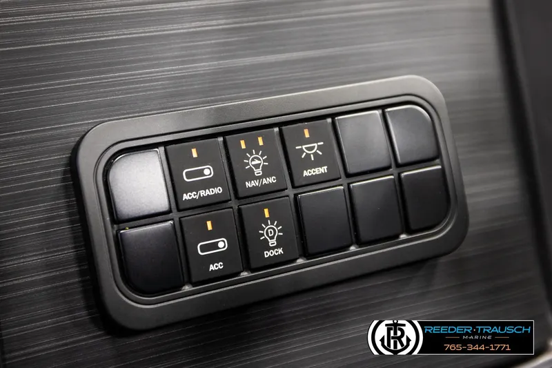 Slide: The Image of Control panel of 2026 Bennington S20 Luxe boat with labeled switches. - 29