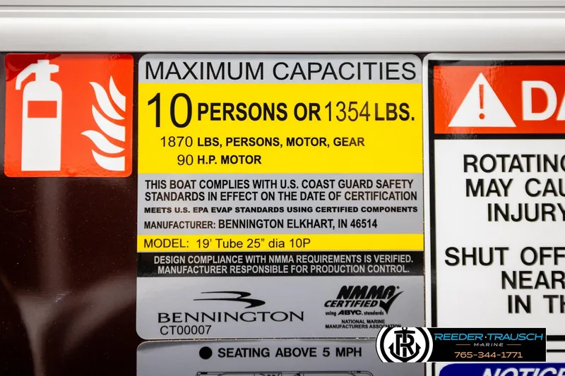 Slide: The Image of Bennington S20 Luxe 2026 capacity label, 10 persons or 1354 lbs, 90 HP motor compliance. - 48
