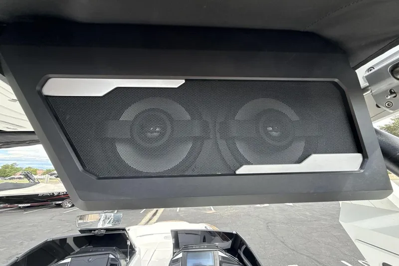 Slide: The Image of 2024 Supra SA 550 boat speaker system, featuring dual speakers with a sleek black and silver design. - 21