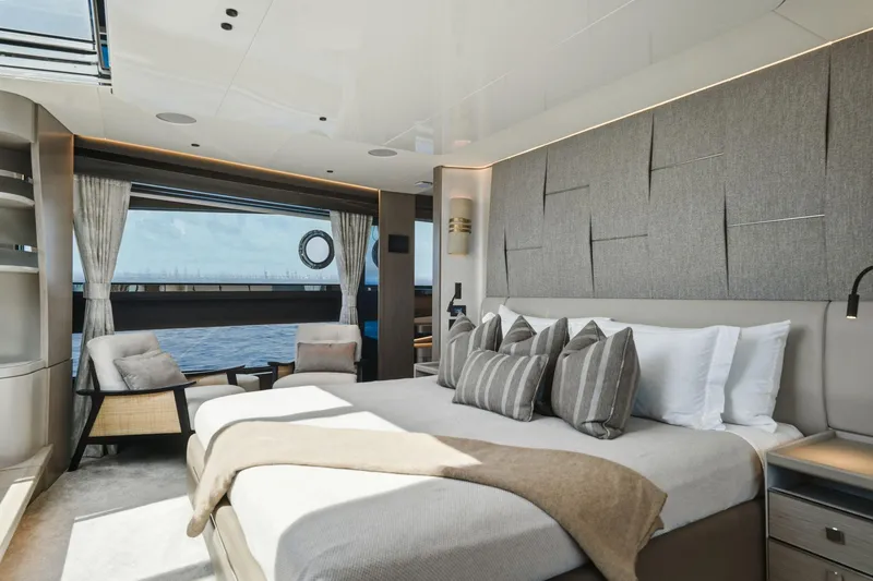 Slide: The Image of Luxurious bedroom interior of 2024 Sunseeker 100 Yacht with ocean view. - 17