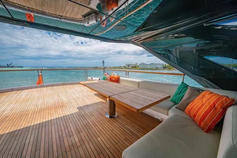 Slide: The Image of Luxurious deck of 2024 Sunseeker 100 Yacht with ocean view and colorful cushions. - 37