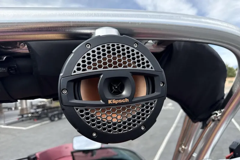 Slide: The Image of Klipsch speaker on 2023 MasterCraft NXT22 boat, mounted on metal frame. - 21