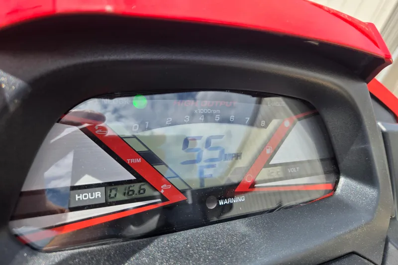 Slide: The Image of Close-up of 2019 Yamaha WaveRunner VXR dashboard displaying 55 MPH speed. - 6