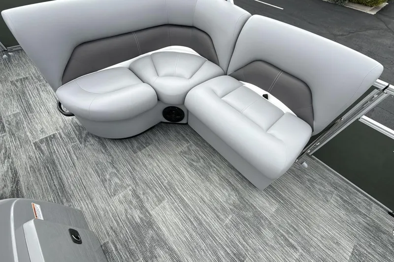 Slide: The Image of Luxurious seating on 2026 Landau Alure boat with modern gray upholstery and sleek design. - 10