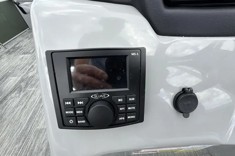 Slide: The Image of Control panel of a 2026 Landau Alure boat featuring a Bluave MS-1 audio system. - 20