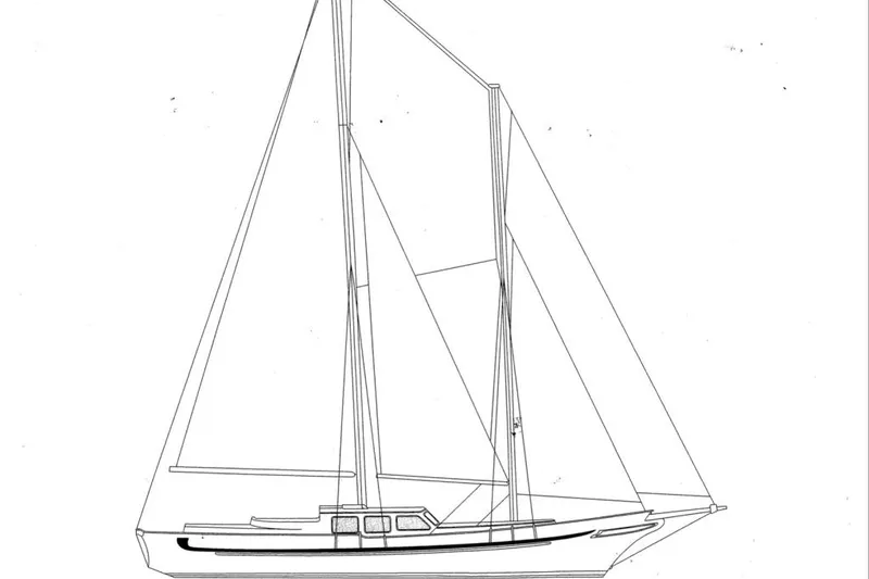 Slide: The Image of Line drawing of a 1997 Crealock custom-built raised cabintop schooner. - 3