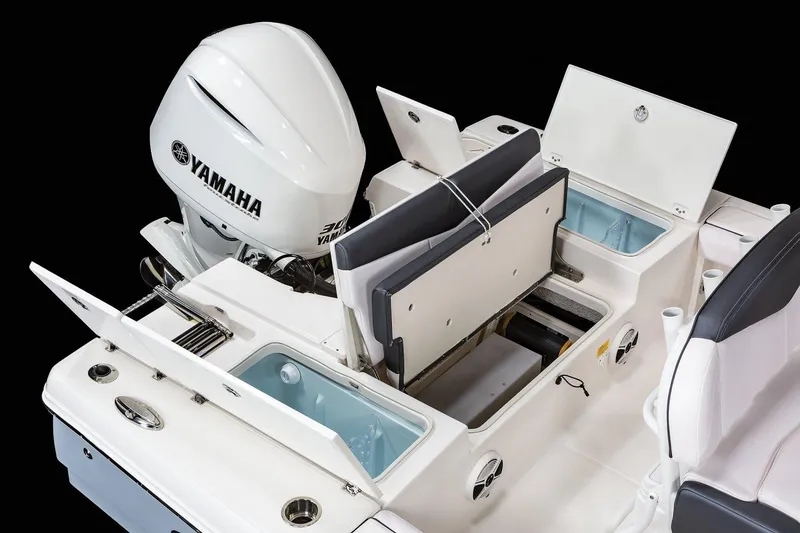 Slide: The Image of Manufacturer Provided Image: 2020 Robalo 246 Cayman SD boat with Yamaha engine and open storage compartments. - 17