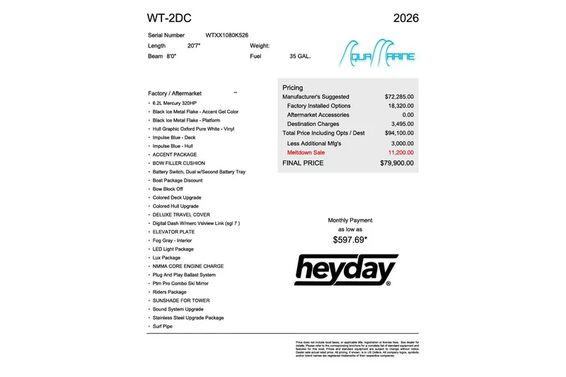 Slide: The Image of 2026 Heyday WT-2DC boat specifications and pricing details, featuring factory and aftermarket options. - 9