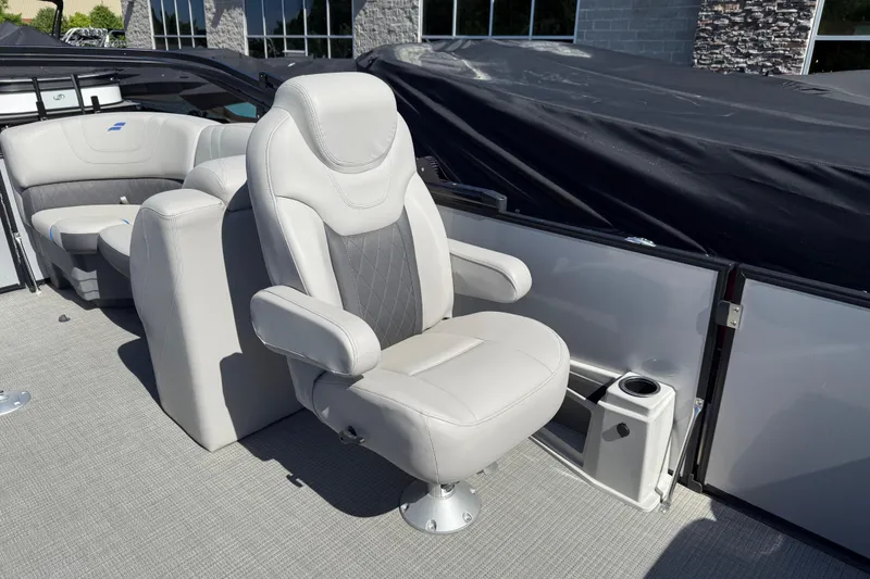 Slide: The Image of Luxurious seating on 2023 Starcraft SLS 5 boat, featuring plush gray upholstery and modern design. - 4