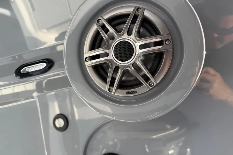 Slide: The Image of Close-up of a Clarion speaker on a 2026 Blazer Bay PURE BAY 2200 boat. - 22